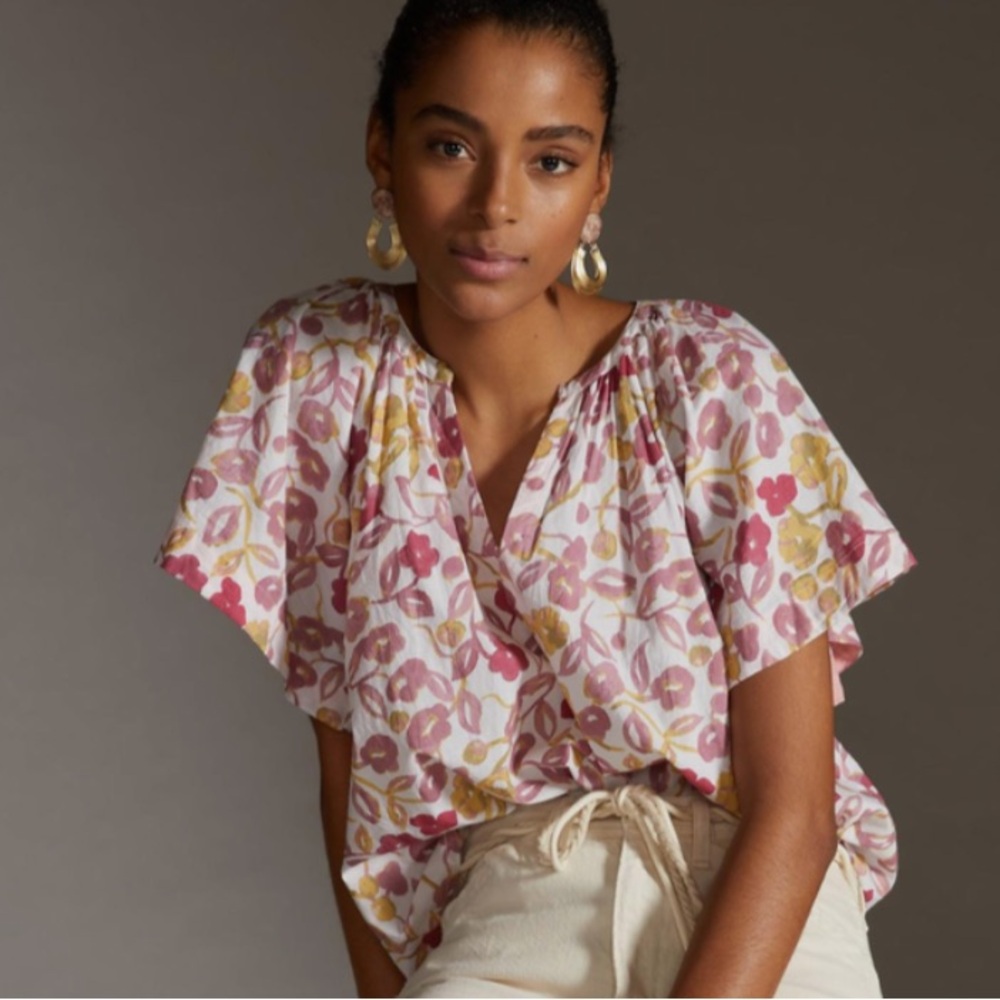 VELVET by GRAHAM & SPENCER x ANTHROPOLOGIE Floral V-neck Peasant Top Size Small
